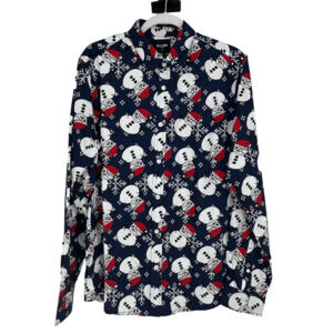 Christmas Snowman Men’s Button Down Shirt Cotton Slim Fit Size M Blue Holidays